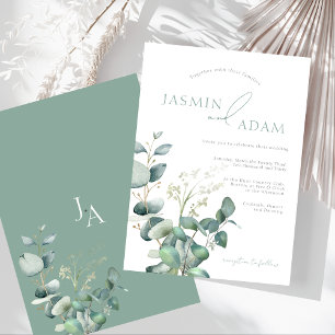 Invitation Simple Mariage au Monogramme de Verdure d'Eucalypt