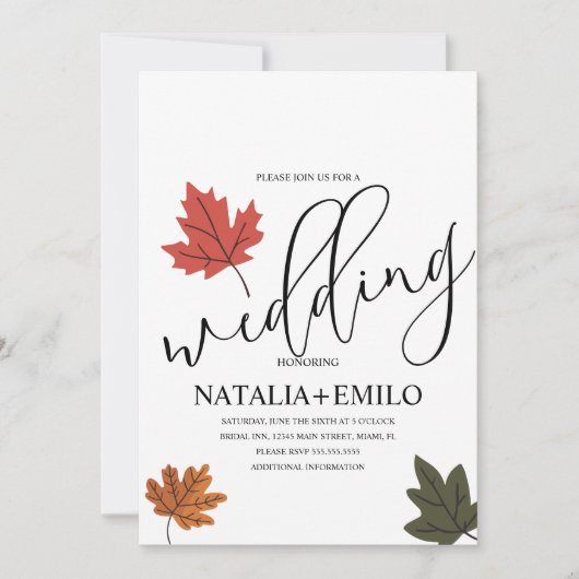 Invitation Simple Mariage Automnal Feuille (Devant)
