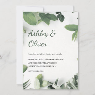 Invitation Simple Mariage aux Feuilles Vertes et Fleurs Blanc