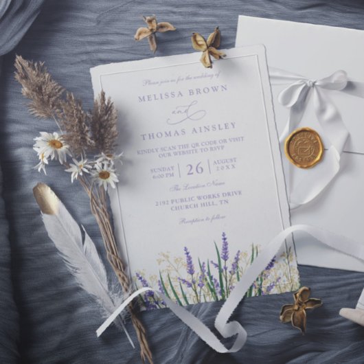 Invitation Simple mariage avec code QR lavande violet aquarel