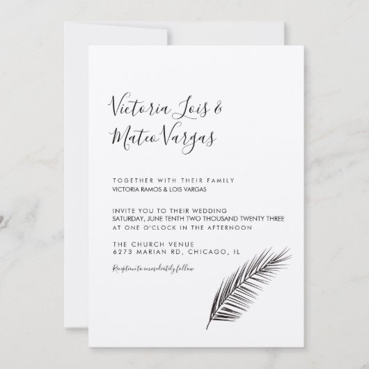 Invitation Simple mariage avec feuille de palmier dessinée à (Devant)
