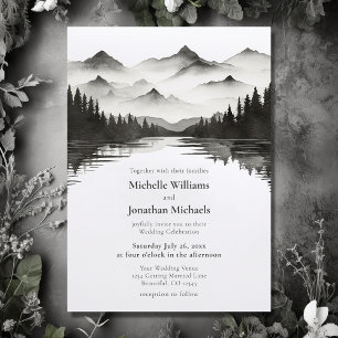 Invitation Simple Mariage Black and White Mountain Lake