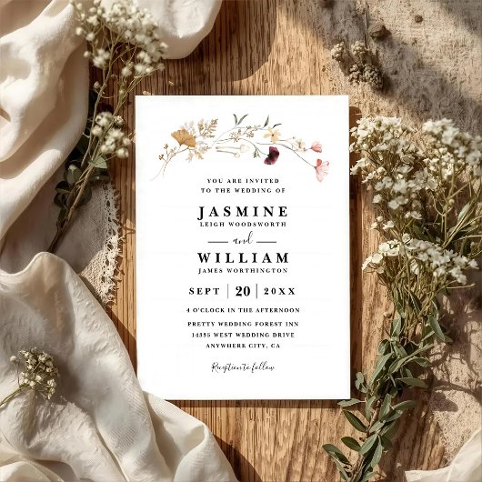 Invitation Simple Mariage Bohème Fleurs Sauvages Code QR Rust