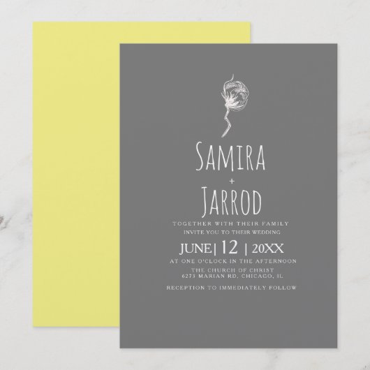 Invitation Simple mariage botanique jaune et gris (Devant / Derrière)