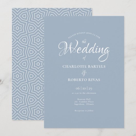 Invitation Simple Mariage Calligraphié Bleu Poussiéreux (Devant / Derrière)
