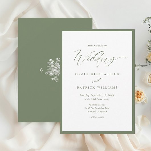 Invitation Simple Mariage Calligraphié Monogramme Vert Sauge