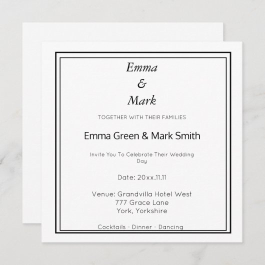 Invitation simple Mariage Carré blanc Monogramme (Devant / Derrière)
