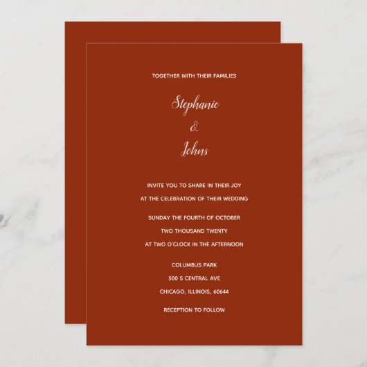 Invitation Simple Mariage classique blanc en terre cuite (Devant / Derrière)