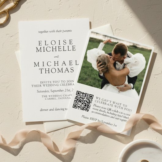 Invitation Simple Mariage Code QR Classique Photo Ivoire