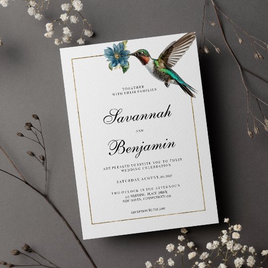 Invitation Simple mariage de colibri couleur or blanc