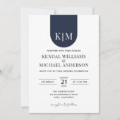 Invitation Simple mariage élégant monogramme blanc bleu (Devant)
