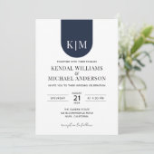 Invitation Simple mariage élégant monogramme blanc bleu (Debout devant)