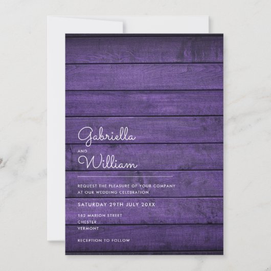 Invitation Simple Mariage en bois violet rustique (Devant)