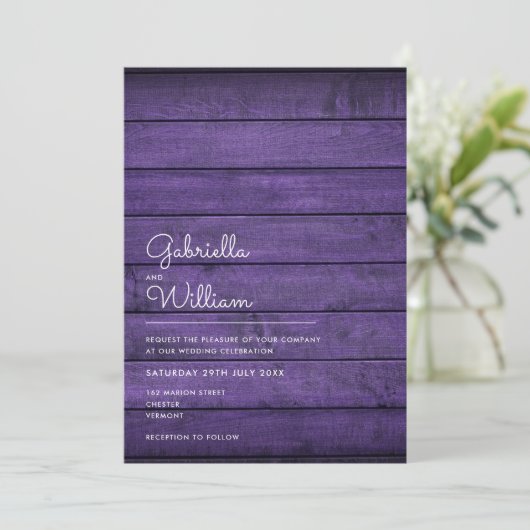 Invitation Simple Mariage en bois violet rustique (Debout devant)