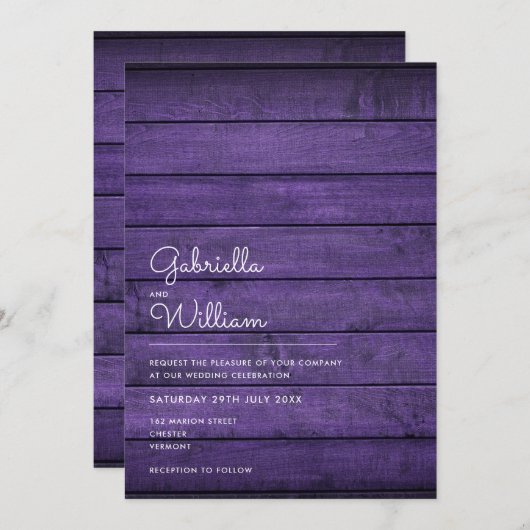 Invitation Simple Mariage en bois violet rustique (Devant / Derrière)