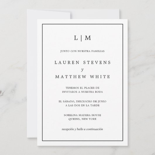 Invitation Simple Mariage espagnol noir et blanc élégant (Devant)
