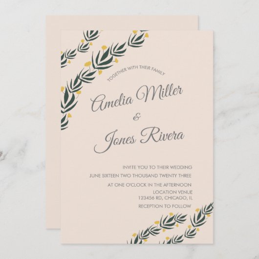 Invitation Simple Mariage fleuri Jaune (Devant / Derrière)