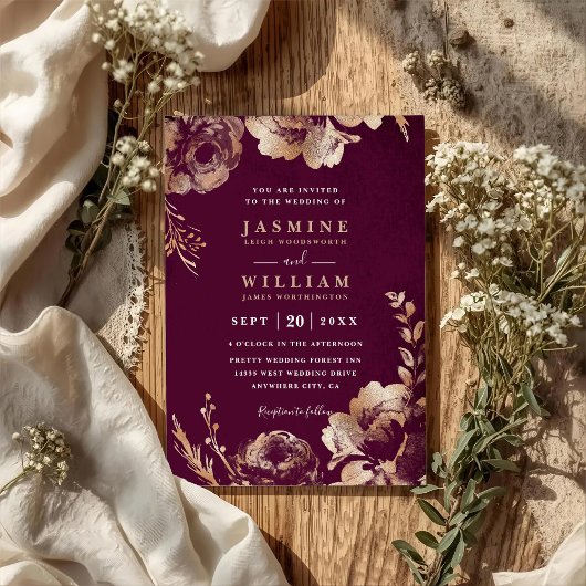 Invitation Simple mariage floral code QR Burgundy Blush