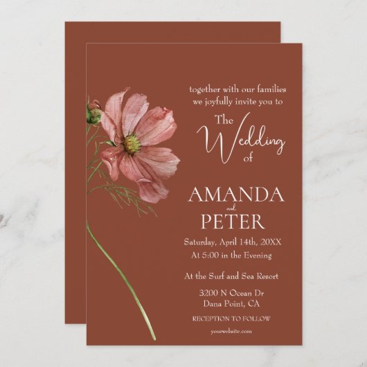 Invitation Simple Mariage Floral en terre cuite (Devant / Derrière)