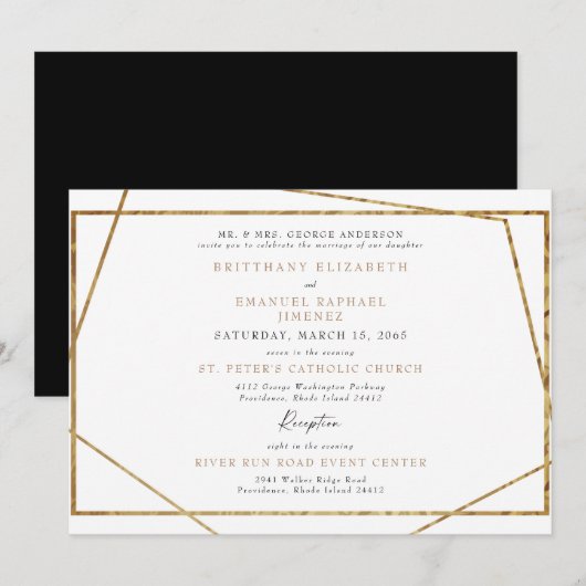 Invitation Simple Mariage Géométrique Blanc Noir & Or (Devant / Derrière)