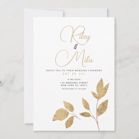 Invitation Simple Mariage luxueux de feuillage or blanc (Devant)