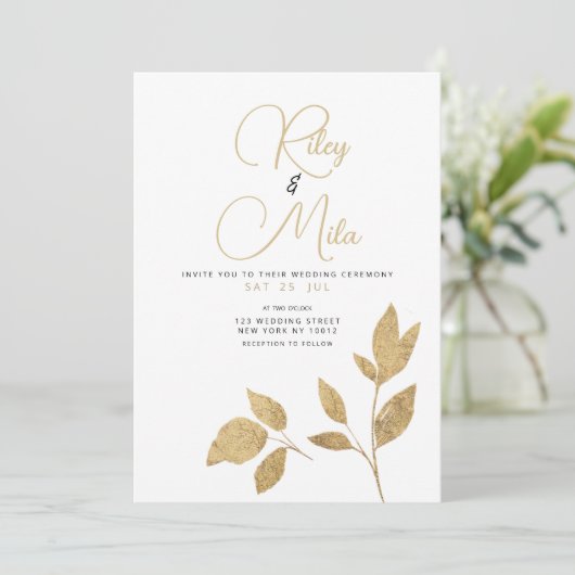 Invitation Simple Mariage luxueux de feuillage or blanc (Debout devant)