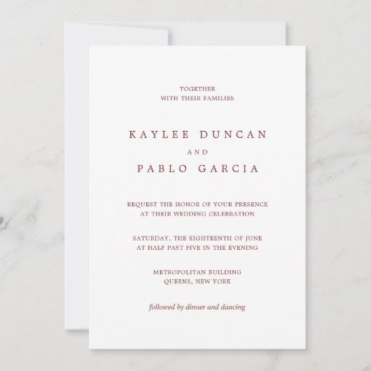 Invitation Simple Mariage minimaliste bordeaux et blanc (Devant)