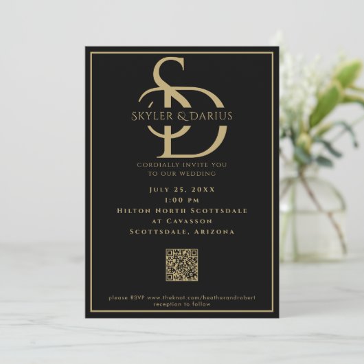 Invitation Simple Mariage Monogramme Classic Minimal QR Code (Debout devant)