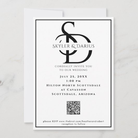 Invitation Simple Mariage Monogramme Classic Minimal QR Code (Devant)