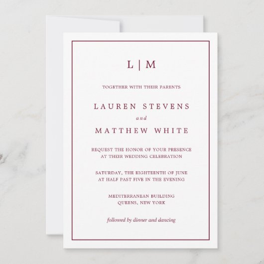 Invitation Simple Mariage Monogramme Élégant de Bourgogne (Devant)