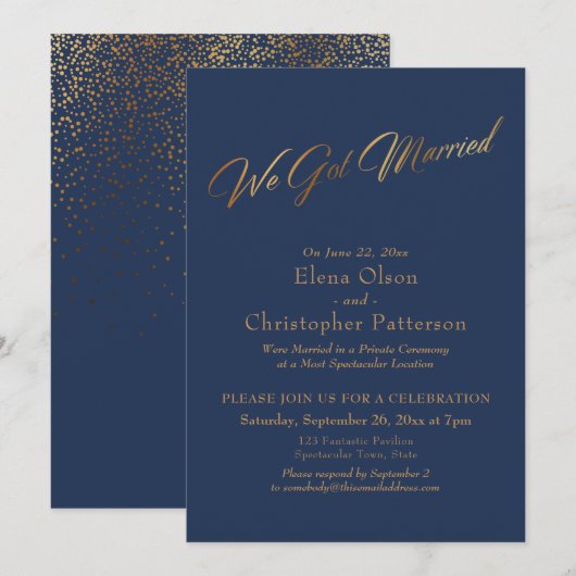 Invitation Simple Mariage Navy & Or Confettis Script (Devant / Derrière)