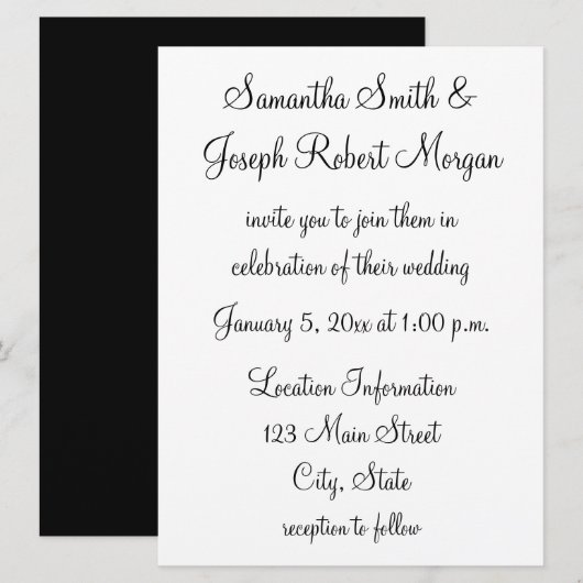 Invitation Simple Mariage Noir et Blanc (Devant / Derrière)