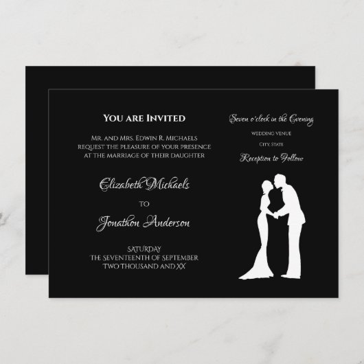 Invitation Simple Mariage noir et blanc mariée et chambre (Devant / Derrière)