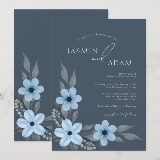 Invitation Simple Mariage Royal Bleu Opulence Florale (Devant / Derrière)
