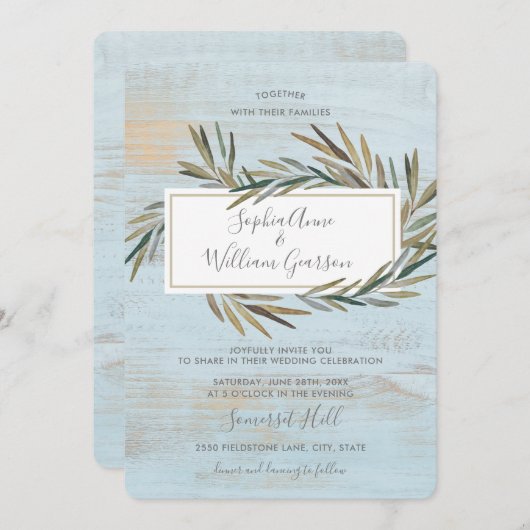 Invitation Simple Mariage Rustique Bleu Bois et Aquarelle Her (Devant / Derrière)