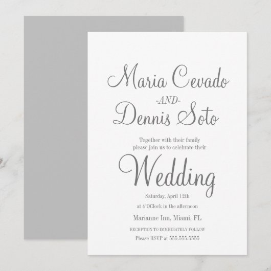 Invitation Simple Mariage Script Lettre Grise (Devant / Derrière)