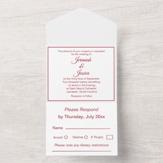 Invitation simple mariage tout en un Bourgogne et (À l'intérieur)