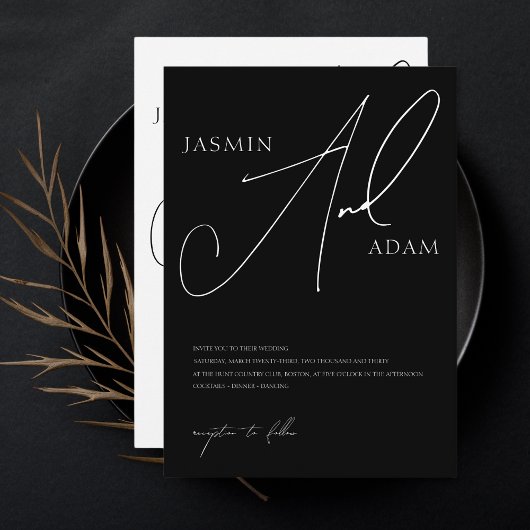 Invitation Simple Mariage Typographie Script Blanc Noir
