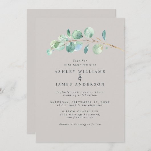 Invitation Simple Mariage vert Pastel Grey (Devant / Derrière)