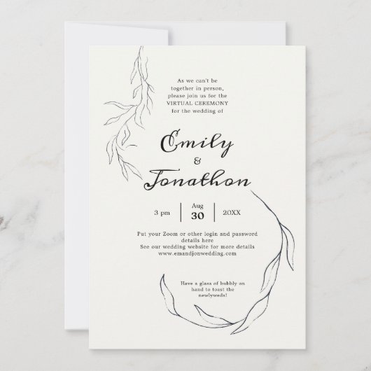 Invitation Simple Mariage virtuel de script de feuille noire (Devant)
