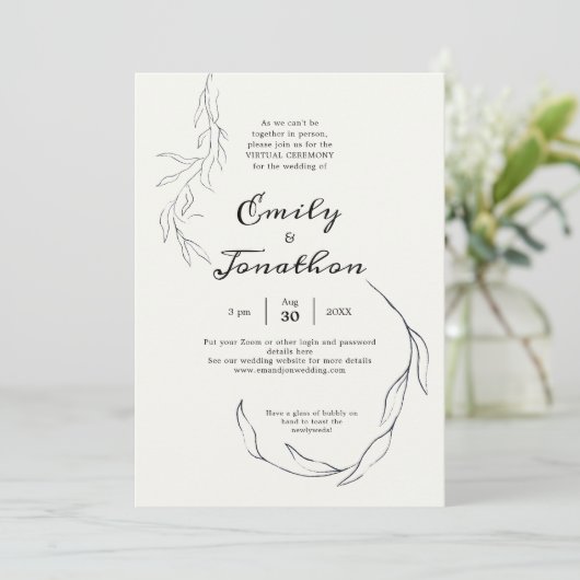 Invitation Simple Mariage virtuel de script de feuille noire (Debout devant)