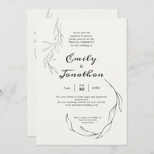 Invitation Simple Mariage virtuel de script de feuille noire (Devant / Derrière)