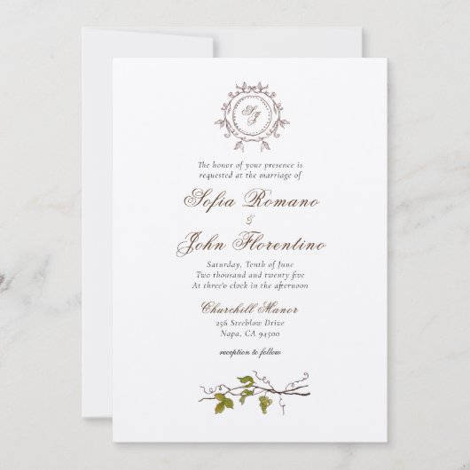 Invitation Simple mariage viticole Monogram (Devant)