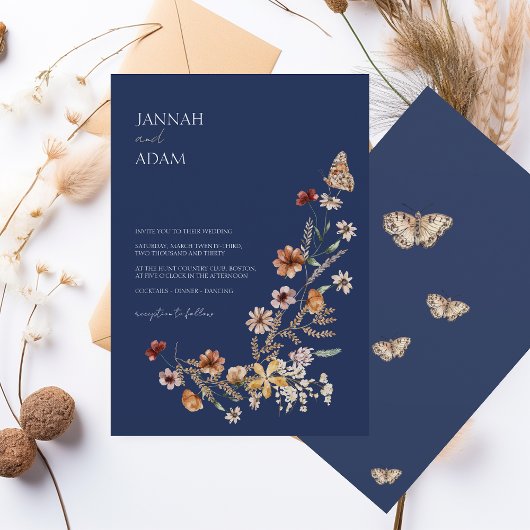 Invitation Simple Marine Bleu Automne Fleur sauvage Mariage