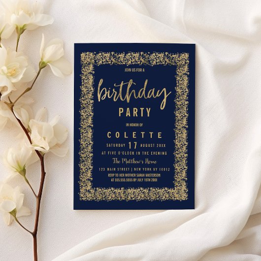 Invitation Simple marine bleu or confetti fête d'anniversaire