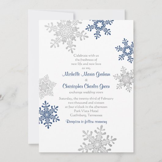 Invitation Simple Marine Blue Silver Snowflake Mariage d'hive (Devant)