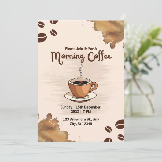 Invitation simple marron pour café du matin (Debout devant)