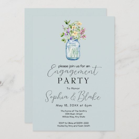 Invitation Simple Mason Jar Bouquet Blue Engagement Party (Devant / Derrière)