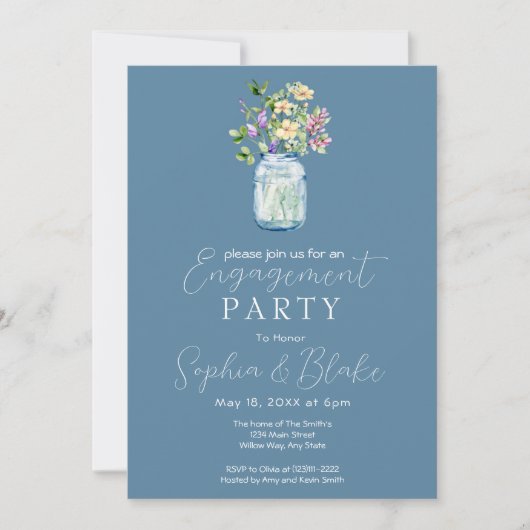 Invitation Simple Mason Jar Bouquet Blue Engagement Party (Devant)
