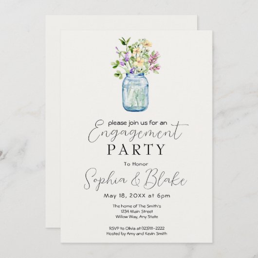 Invitation Simple Mason Jar Bouquet Cream Party (Devant / Derrière)
